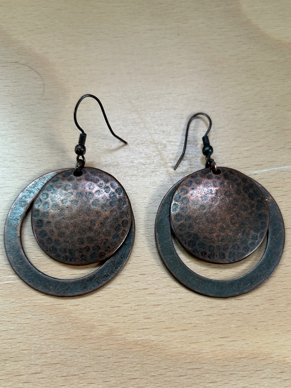 Hand crafted Hammered Copper Double Circle Drop Earrings - Women Jewelry